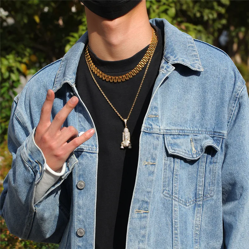 Подвеска ракета AGLOVER 24 дюйма Золотая подвеска из ледяного циркония в стиле хип