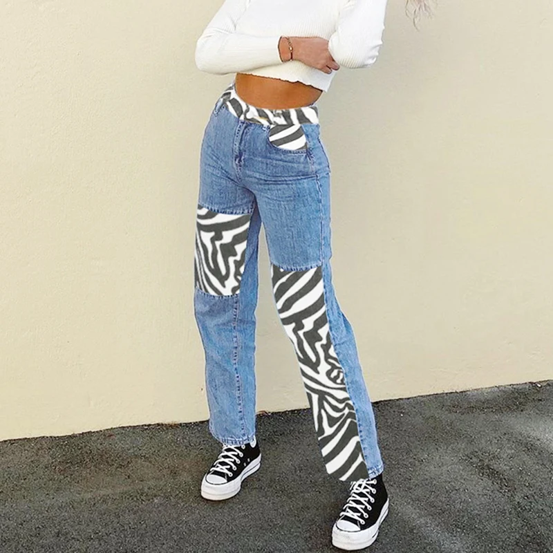 

Women's Sexy Colorblock Animal Print Temperament Commuter High Waist Loose Jeans Blue