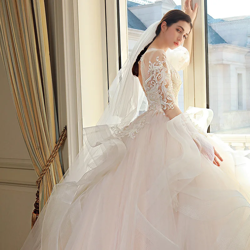 

Bridal WEDDING gown lace up O NECK wedding dresses LONG SLEEVE PLUS SIZE anniversary ceremony Muslim wedding DRESS with train