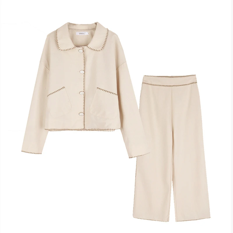 

Two Peice Set for Women Solid Single Breasted Pockets Women Blazers Loose Elastic Waisted Wide Leg Pants Office Lady Suits