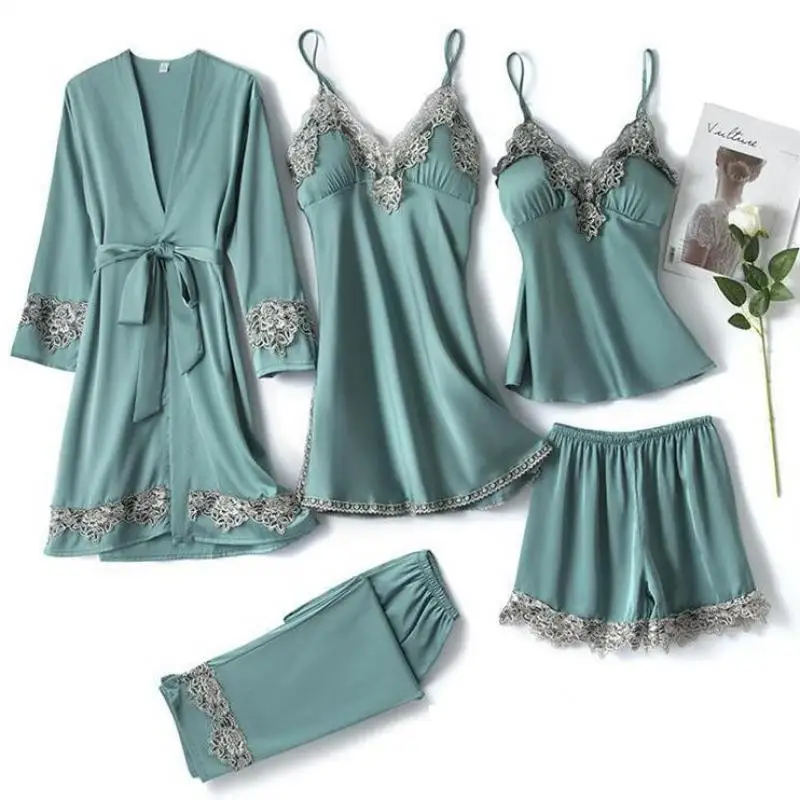 

Satin Sexy Bride Bridesmaid Wedding Robe Set 5PCS Sleep Suit Nightwear Intimate Lingerie Lace Summer New Homewear Sleepwear