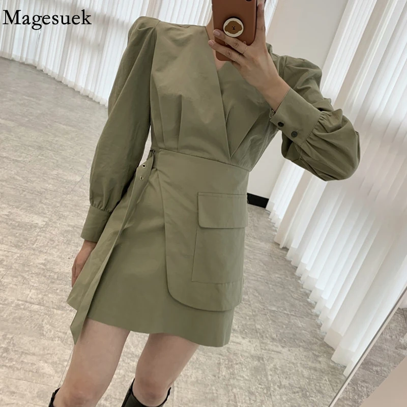 

Korean Fashion Irregular Pleated Dress Autumn V-neck Vintage Dress Cross Side Buckle Belt Puff Sleeve Women's Dress Female 17275