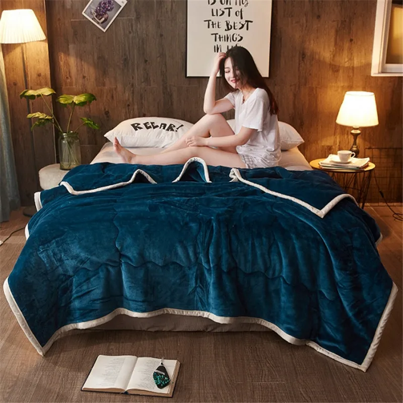 

Warm Thicken Three Layers Blanket Blue Quilted AB Side Soft Fleece Flannel Cashmere Throw For Bed Sofa Winter Bedspread 150*200
