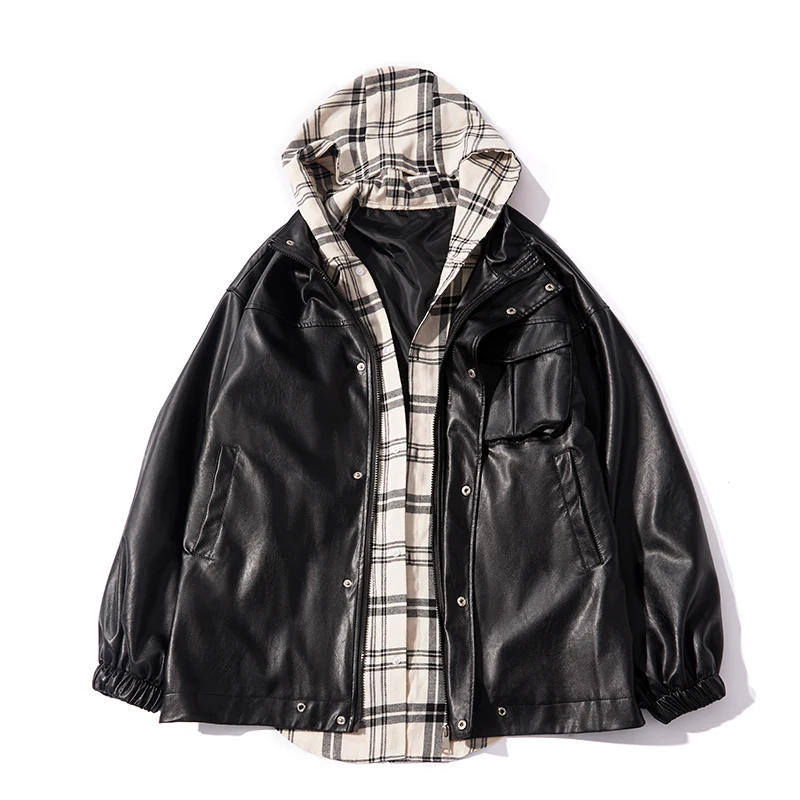 

2020 Men's False Two Piece Stylish Baseball Faux Pu Leather Motorcycle Jackets Trench Clothing Loose Coat Male Russian Jacket