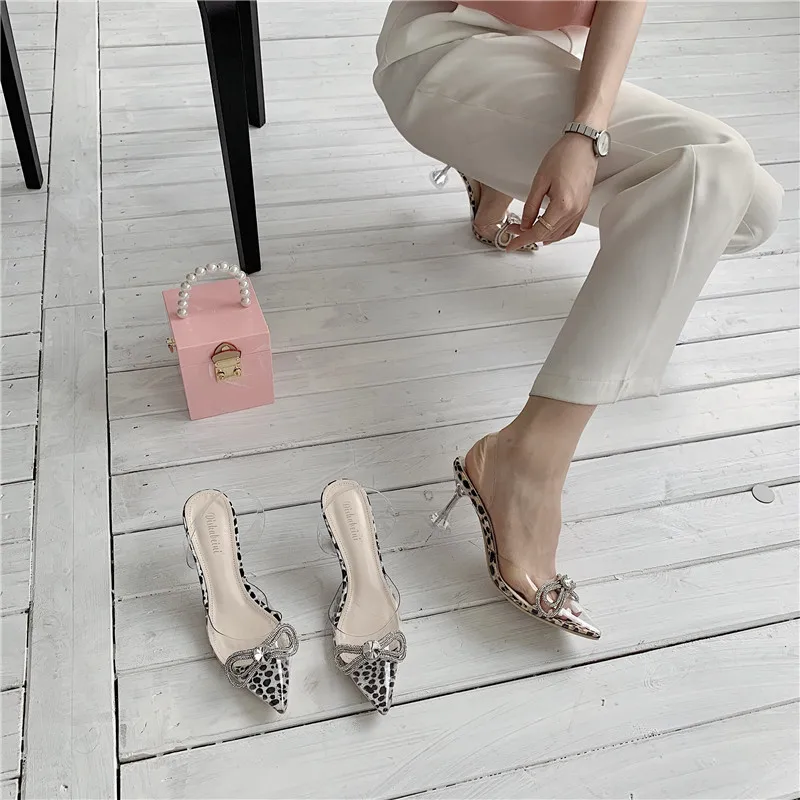 

Transparent Women Sandals Bow Thin High Heels Back Strap Leopard Design Pointed Toe Ladies Slides Sandals Pumps Brown/Black