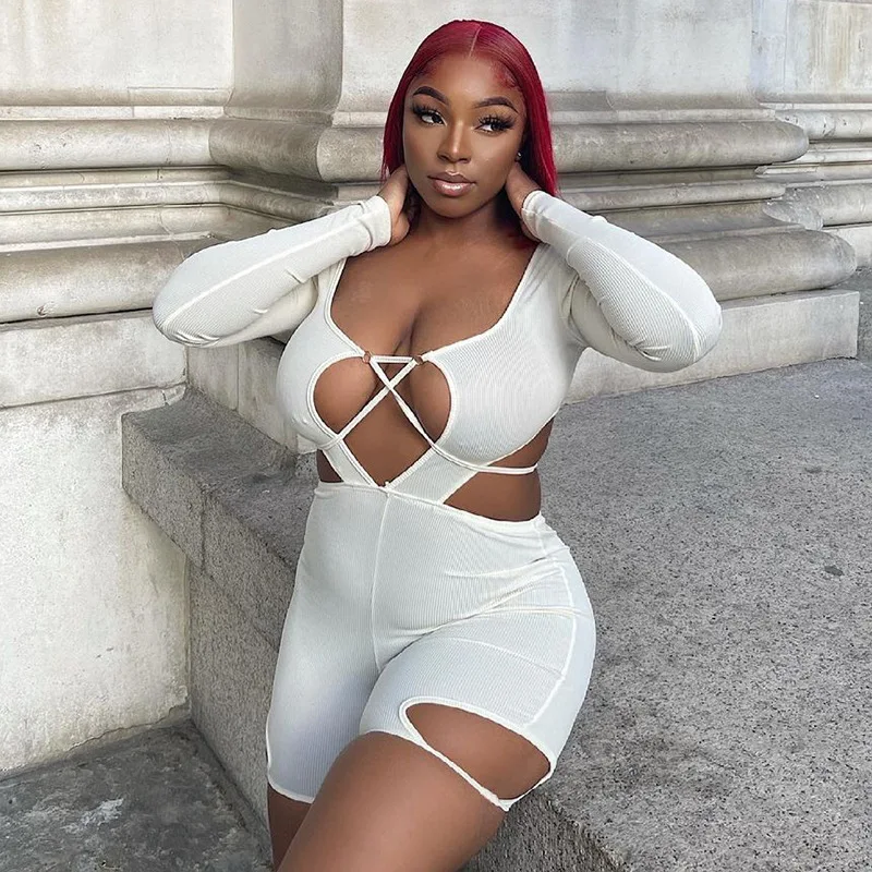 

Casual Sportswear Fitness Knit Rib Solid Romper Playsuit Sexy Deep V Neck Hollow Out Long Sleeve Shorts Jumpsuit Women Overalls