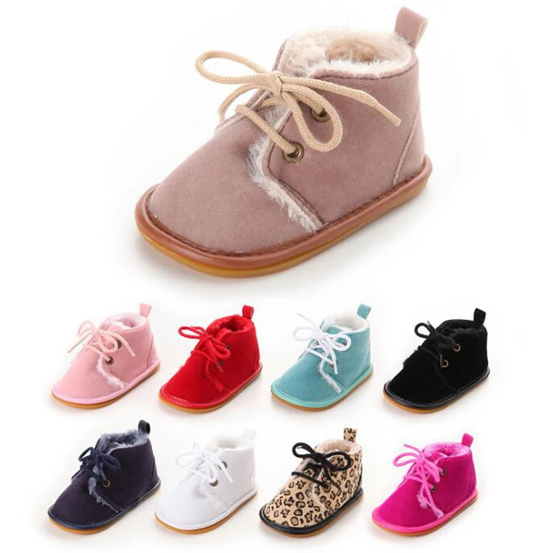 

New Leather solid Newborn Baby shoes toddler Girl boy First Walkers shoes lace-up super warm Plush boots