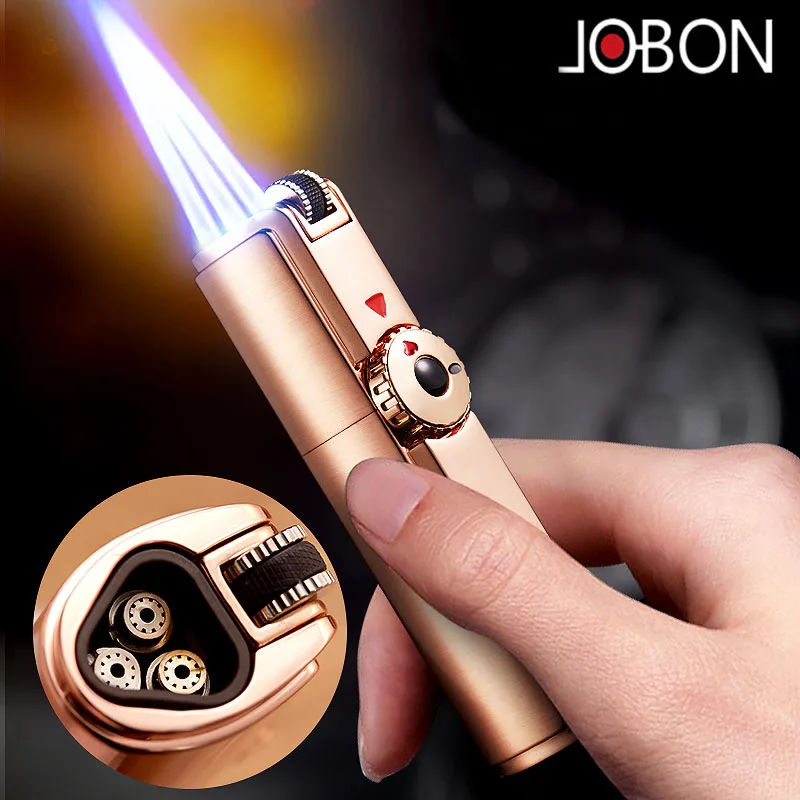 

Jobon Cigar Lighter Three Jet Flame Locking Fire Turbine Torch Grinding Wheel Butane Gas Supplementary Kitchen Igniter