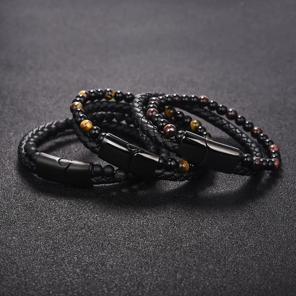 Мужской браслет из натуральной кожи с натуральным камнем и магнитной
