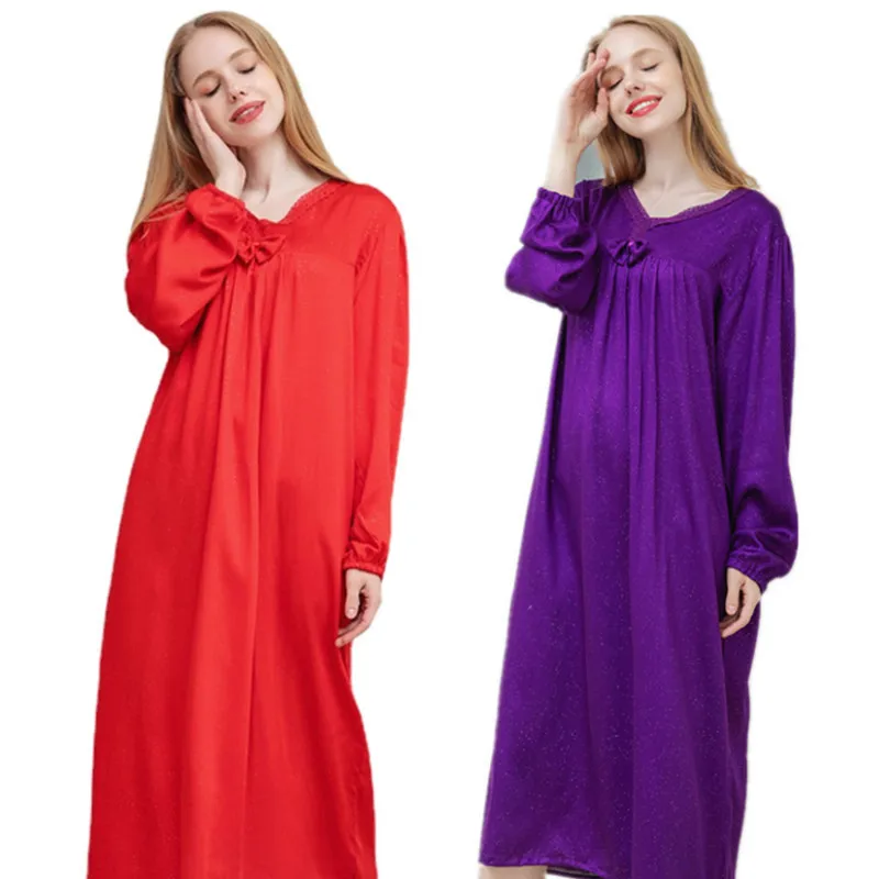 

2021Spring Autumn Women's Nightdress Long-sleeved Noble Luxury Home Service Sleepwear Women Sleep Tops Nightgown Sexy Nightwear
