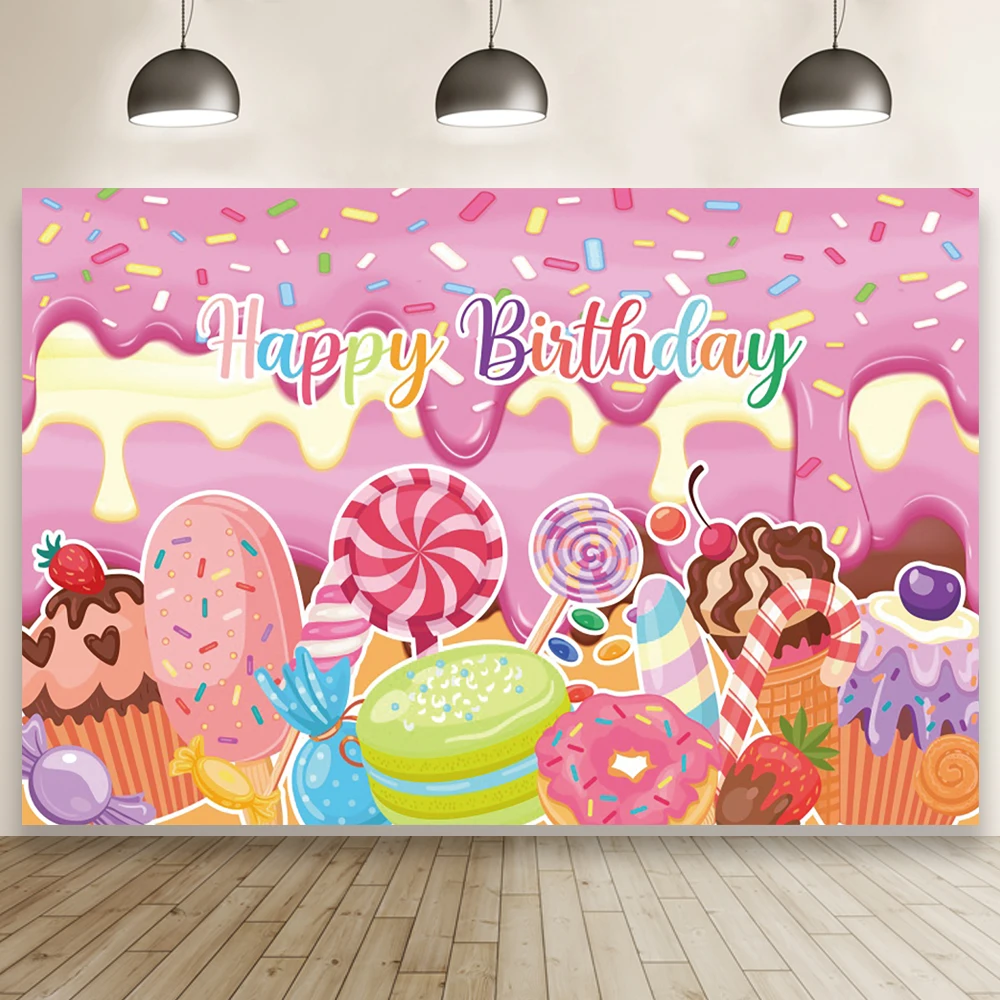 

Cartoon Candy Ice Cream Birthday Photo Backdrop Baby Shower Child Portrait Photography Background Family Party Photocall Banner