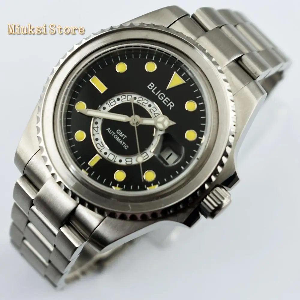 Bliger 43 мм черный циферблат светящиеся знаки сапфировое стекло керамический