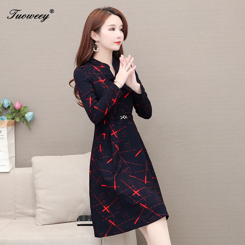 

Spring Dress Women 2020 Casual Plus Size Slim French Striped Office A Line Dresses Office OL Elegant V Neck Long Party Dress