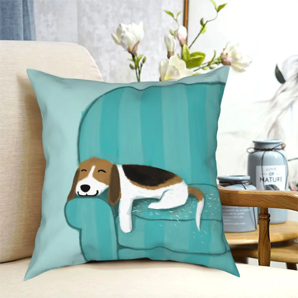 

Happy Couch Dog Cute Beagle Pillowcase Printing Polyester Cushion Cover Decoration Throw Pillow Case Cover Car Zipper 18''