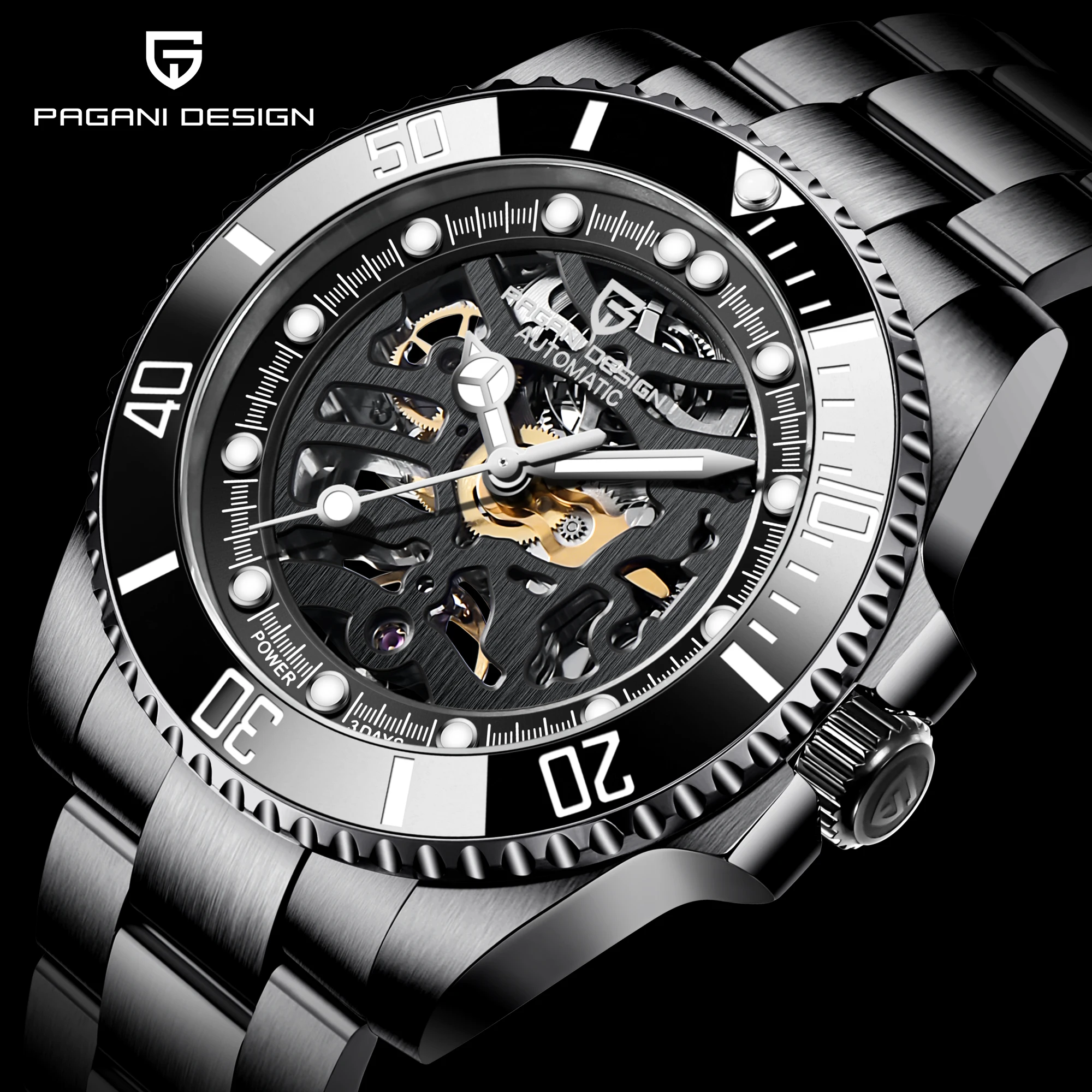 

PAGANI DESIGN Stainless Steel Men Mechanical Watch Luxury Black Swim Waterproof Sports Automatic Watch For Men Relogio Masculino