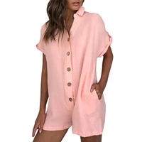 summer women solid color v neck turn down collar jumpsuit single breasted short sleeve coverall fashion loose romper for dating