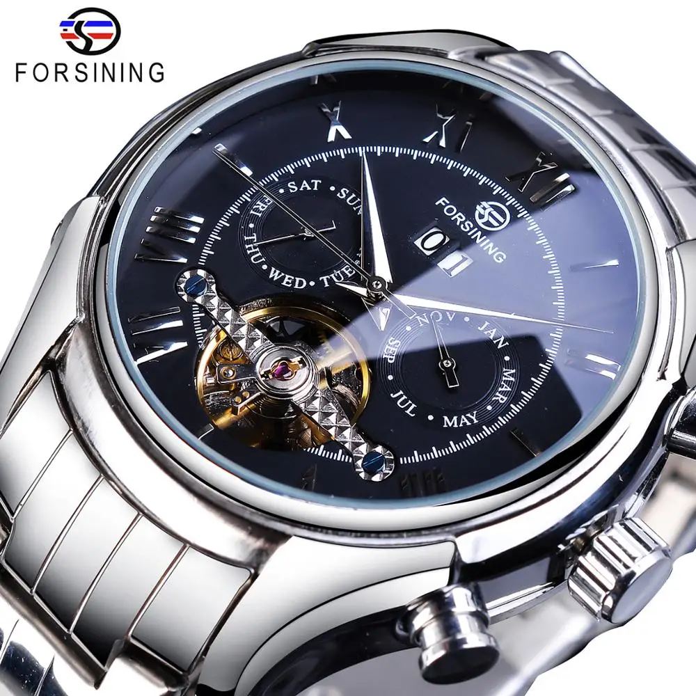 

Forsining Business Mens Automatic Mechanical Watch Tourbillon Calendar Week Display Silver Stainless Steel Erkek Kol Saati Clock