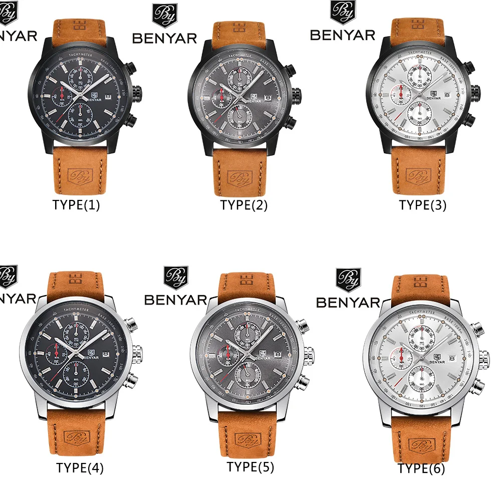 

Top Luxury Brand BENYAR 5102 Watches Men Chronograph Sport Man Watch Military Leather Clock Quartz Wristwatch Relogio Masculino