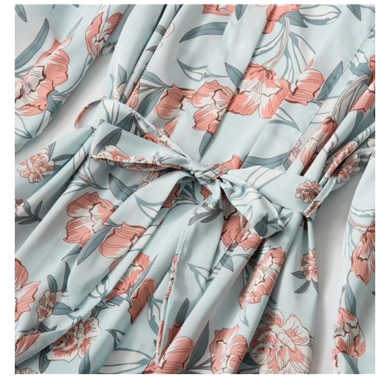 

2019 Ice Silk Pajamas Women's Summer Four-piece Japanese Lace Printed Dressing Gowns Shorts Home Clothes Suit Sleepwear Set