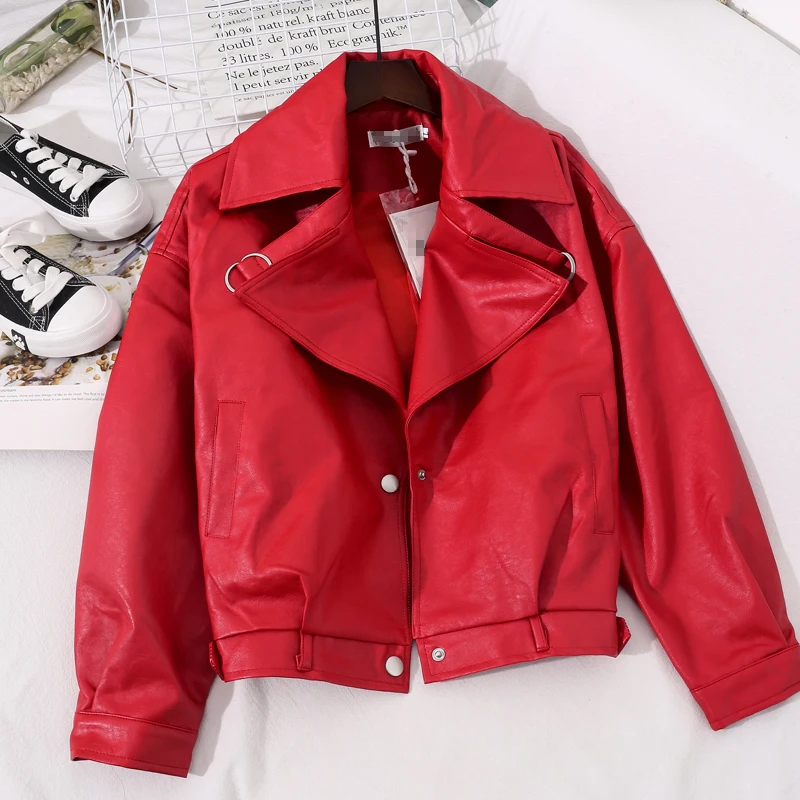 

FMFSSOM Spring Autumn Vintage Batwing Sleeve Coat Short Zipper Motor Biker Faux Leather Jacket Women Lady