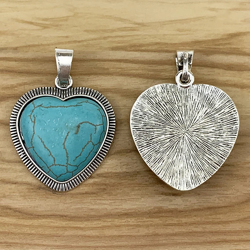 

1 Piece Large Heart Love & Faux Turquoise Stone Tibetan Silver Charms Pendants for Necklace Jewellery Making 59x42mm