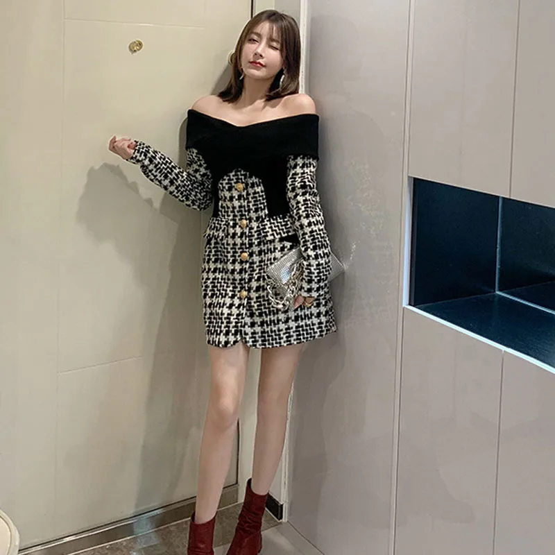 Женское платье с открытыми плечами клетчатое твидовое эластичное черно-белое