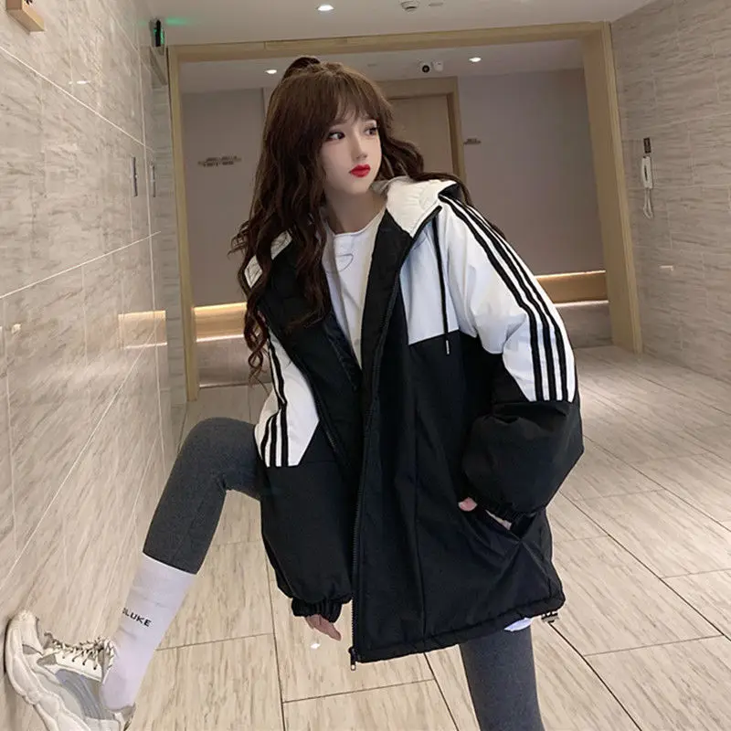 Coat for Fall/winter New Korean Style Contrast Color Loose and Simple Wild Long-sleeved Hooded Stitching Cotton Coat