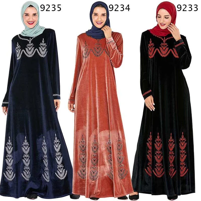 Элегантное мусульманское бархатное Макси платье с вышивкой абайя кардиган