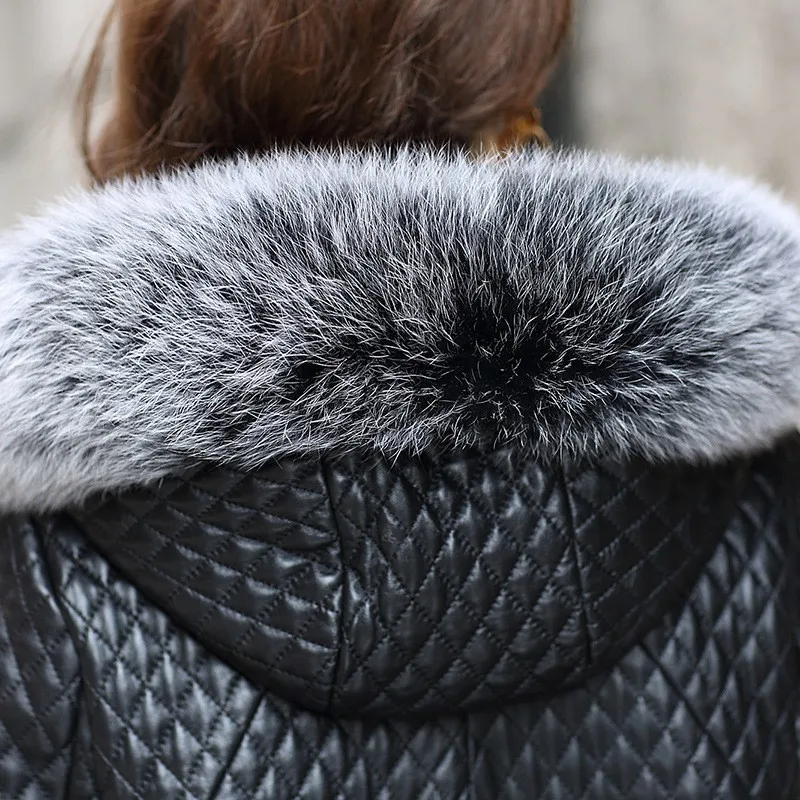 

New Plus Size M-4XL Genuine Leather Jacket Women Fox Fur Collar Hooded Black Long Real Sheepskin Coat Shearling Jacket Female