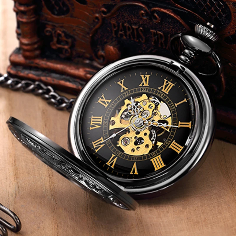 Roman Numerals Dial Mechanical Pocket Watch Skeleton Black Fob Chain Steampunk Case Engraved Case Clock for Men Dropshipping