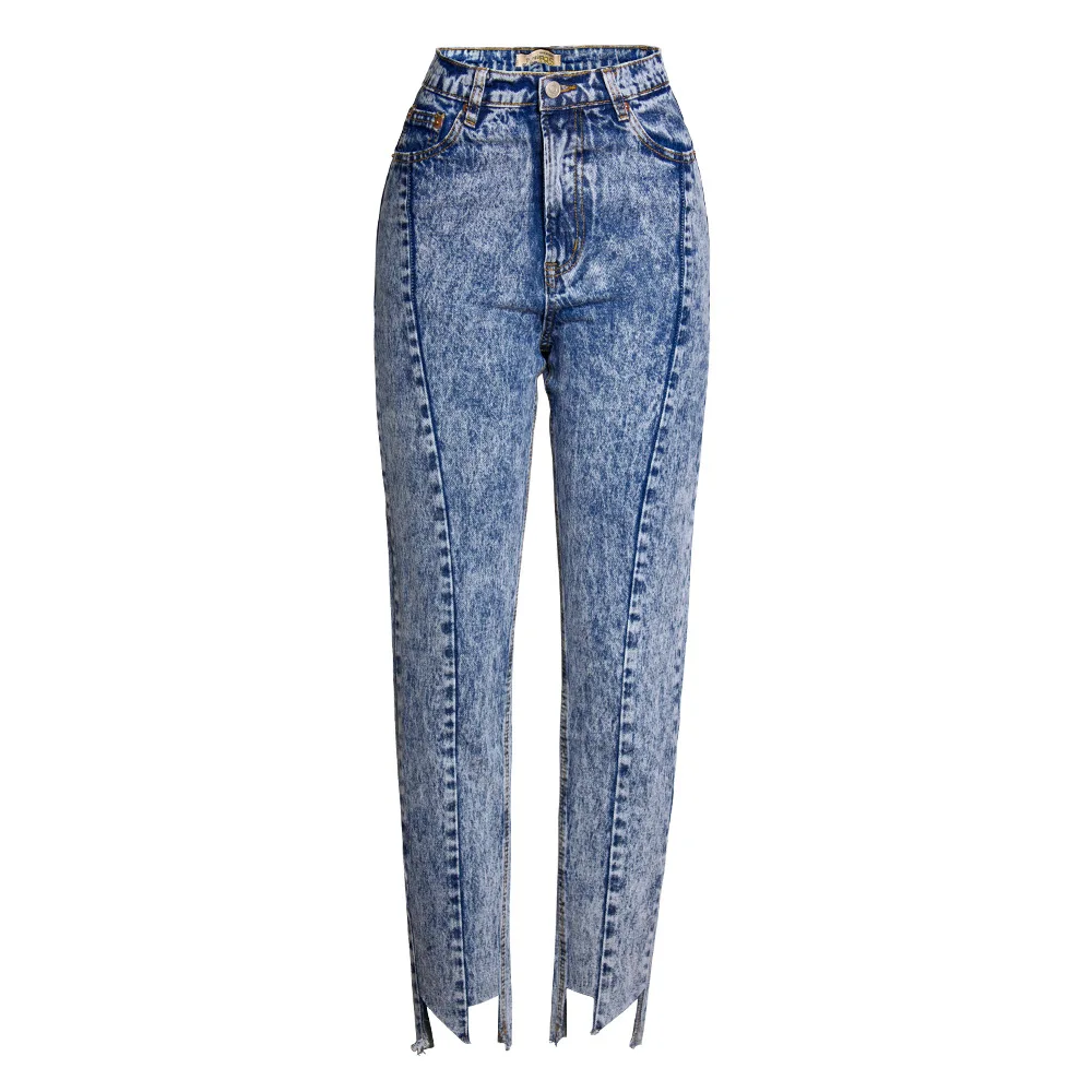 

Women's BF style high waist straight jeans comfortable irregular Leg Denim loose Capris