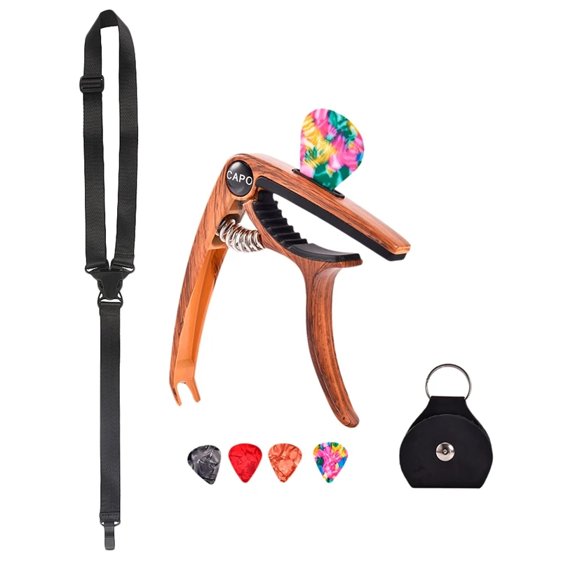 

1 шт. регулируемые нейлоновые классические ремешки для укулеле и 1 комплект гитарного каподастр с медиаторами и медиатором (деревянный цвет)