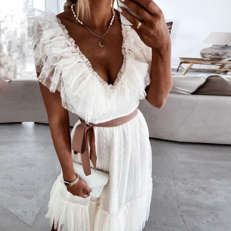 

Elegant Chic Tie-Up Belt Lace Ruffle Party Dress Women Fashion Sexy Solid Long Dresses Summer Mesh Butterfly Sleeve V Neck Dress