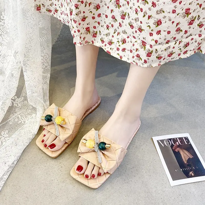 

Female Shoes Slippers Women Summer Slides Fashion Butterfly-Knot Low 2021 Luxury Soft Flat PU Basic Rubber Butterfly-knot Square