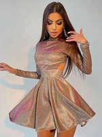 2022 fashion chic bling glitter long sleeve club party dress mini backless hollow out sexy dress women autumn pleated hot