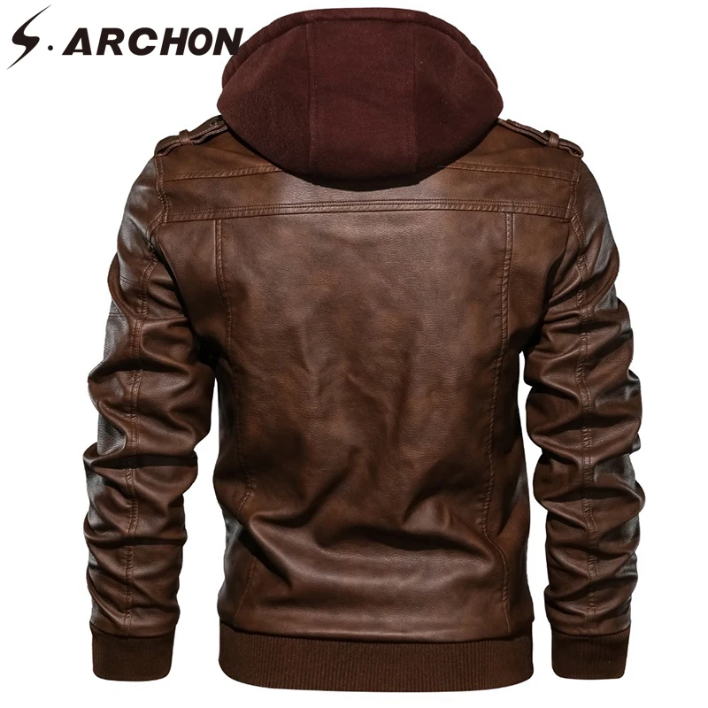 

S.ARCHON PU Leather Tactical Jackets Men Winter Warm Thick Pilot Bomber Jacket Casual Soft Hoodie Removable Motorcycle Coats Men