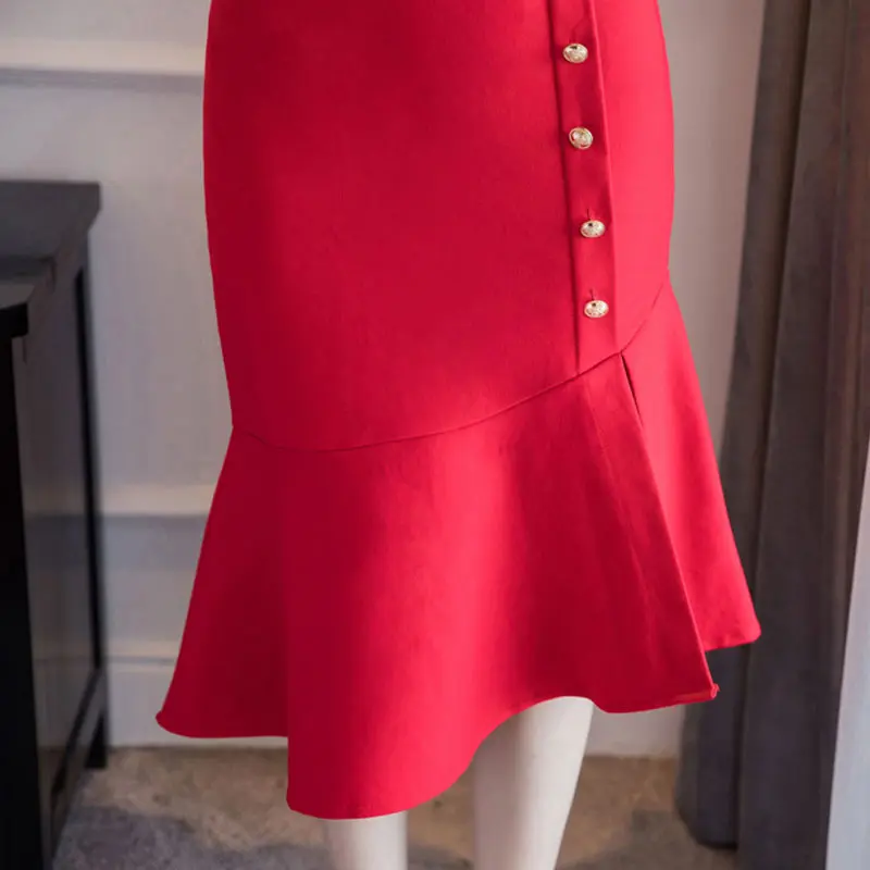 

Plus Size Ruffles Skirts Womens 2021 Fashion Sexy High Waist Skirt Red Saias Feminina Office Ladies Black Button Pencil Skirt