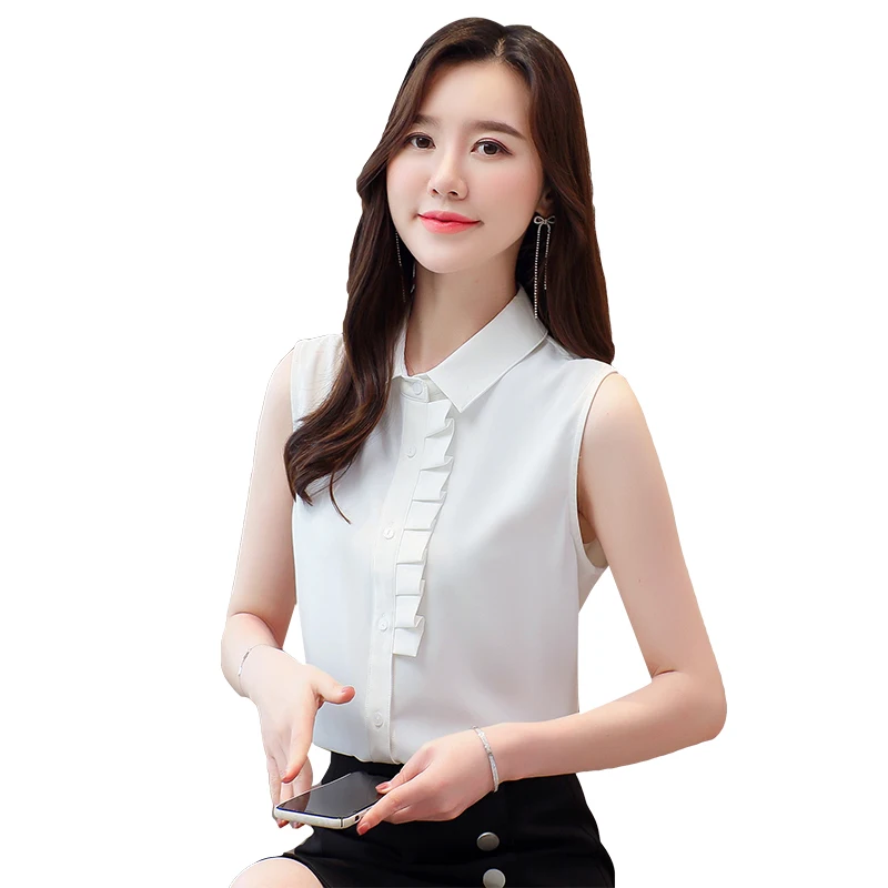 

Sweet Simple Sleeveless Chiffon Blouse 2021 Summer Female New Korean Style White Shirt POLO Collar OL Fashion Blouse Woman 9537