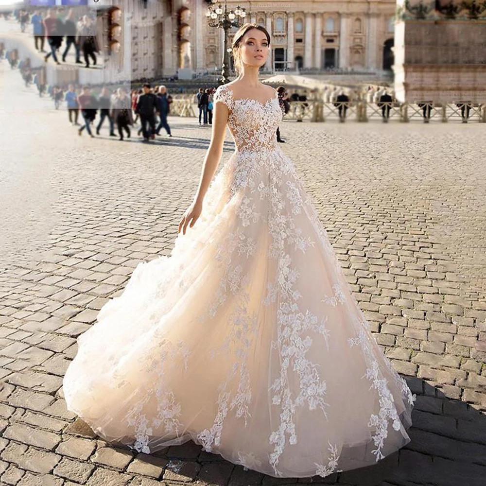 

Champagne Lace boho Wedding Dresses 2020 A Line Bride Dress Elegant Short Sleeves Appliques Wedding Gown Custom Made Robe Mariee