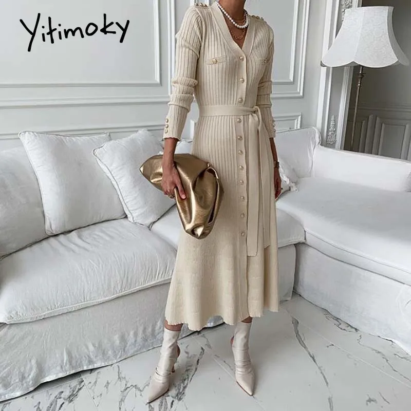

Женское трикотажное платье Yitimoky, однотонное повседневное винтажное платье-трапеция с поясом и V-образным вырезом, из акрила, черного цвета, ...