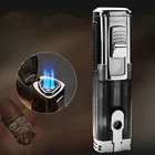 Мощный ветрозащитный тройной фонарь турбо-зажигалка Jet огонь газовая горелка для барбекю, металлическая зажигалка пистолет-распылитель для сигар с каттером Зажигалка на Бутане для Ман...