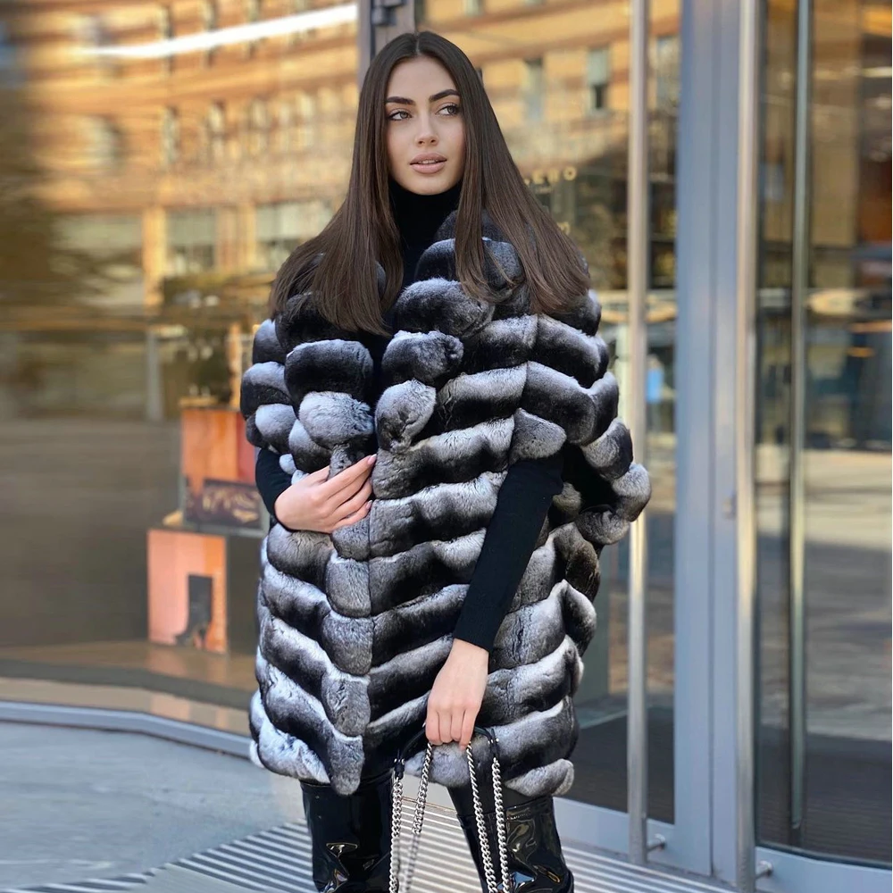Mid-length Real Rex Rabbit Fur Coat for Women Winter Outwear Trendy New Whole Skin Genuine Rex Rabbit Fur Jacket Lapel Collar enlarge
