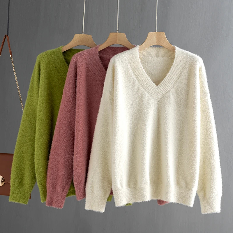 GIGOGOU autumn winter oversize thick mink cashmere Women Pollovers Sweater V Neck female casual warm fur sweater | Женская одежда