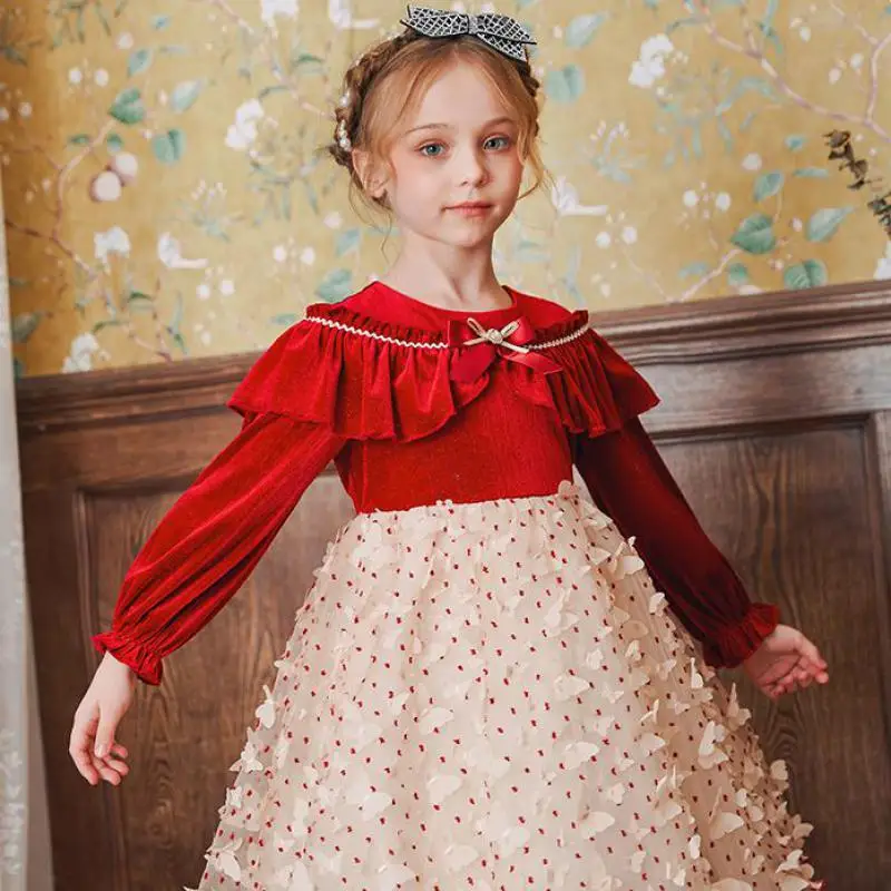 

Autumn Winter Velvet Dress For Girls Long Sleeve Loose Mesh Hem Gowns With Ruffles Children Kids Party Clothing 3-12 Years
