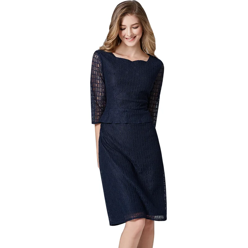 

Spring Autumn Office Lady Dress Elegant Dark Blue Round Neck Half Sleeve Ruffled Lace Plus Size Dresses for Women 4xl 5xl 6xl
