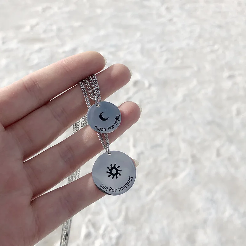 

Amaiyllis Sun Moon Letter Round Coin Necklace Pendants Long Chain Clavicle Pendants For Couple Necklace Valentine's Day Gift