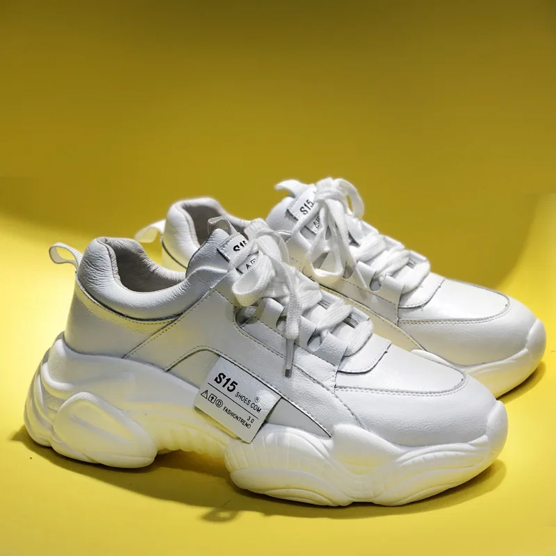 New White Leather Sneakers Women Autumn Fashion Comfortable Round Toe Thick-soled Sports Lace-up Non-slip Casual Women's Shoes