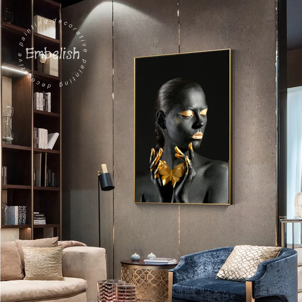 

Embelish Black African Woman With Golden Fingers Home Decor Wall Art Posters For Living Room HD Print Canvas Paintings Pictures