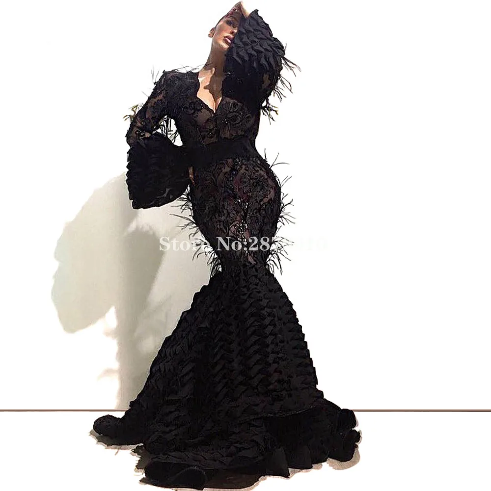 

Черное вечернее платье с длинными рукавами, элегантное платье-Русалка с v-образным вырезом, длина до пола, платье для выпускного вечера, Vestido ...