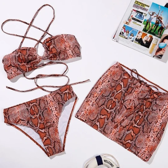 

Hot Selling Women Three-piece Swimming Clothes Sets Light Brown Printed Pattern Bikini Tops Shorts and Skirt Swimsuits
